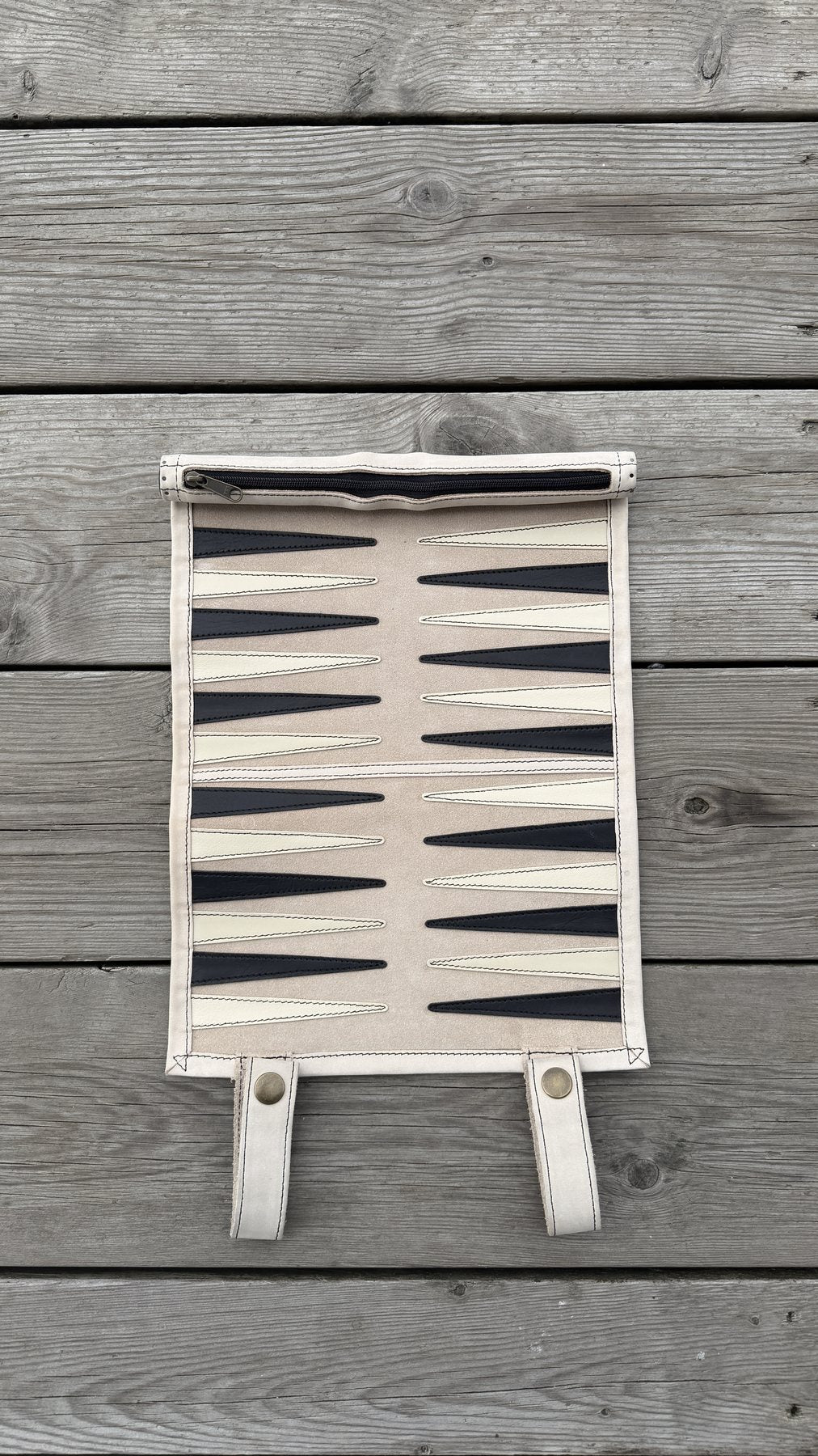 Light Beige suede backgammon board with wooden checkers and dice