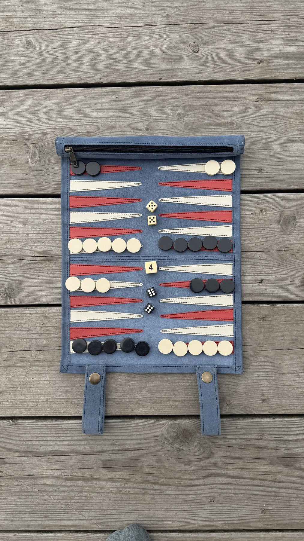 Ocean Blue roll-up suede backgammon set by Suede&Stone