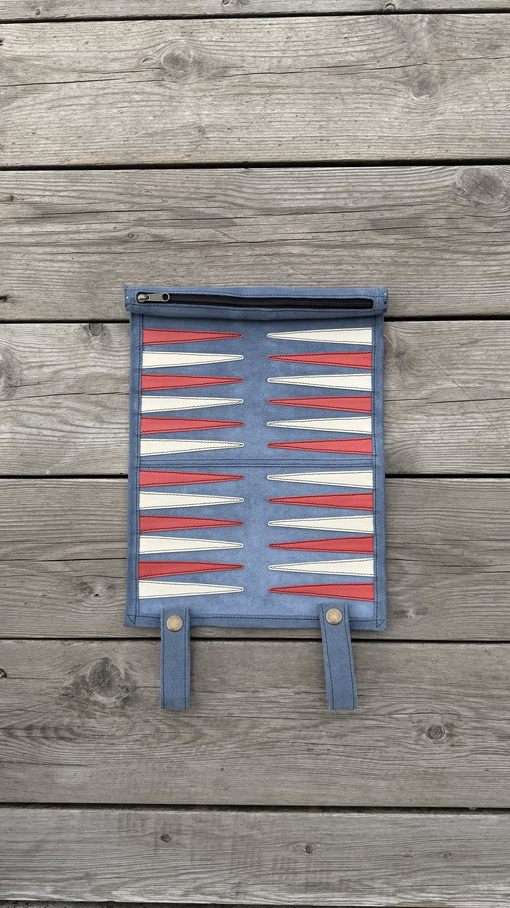 Ocean Blue suede backgammon board with wooden checkers and dice