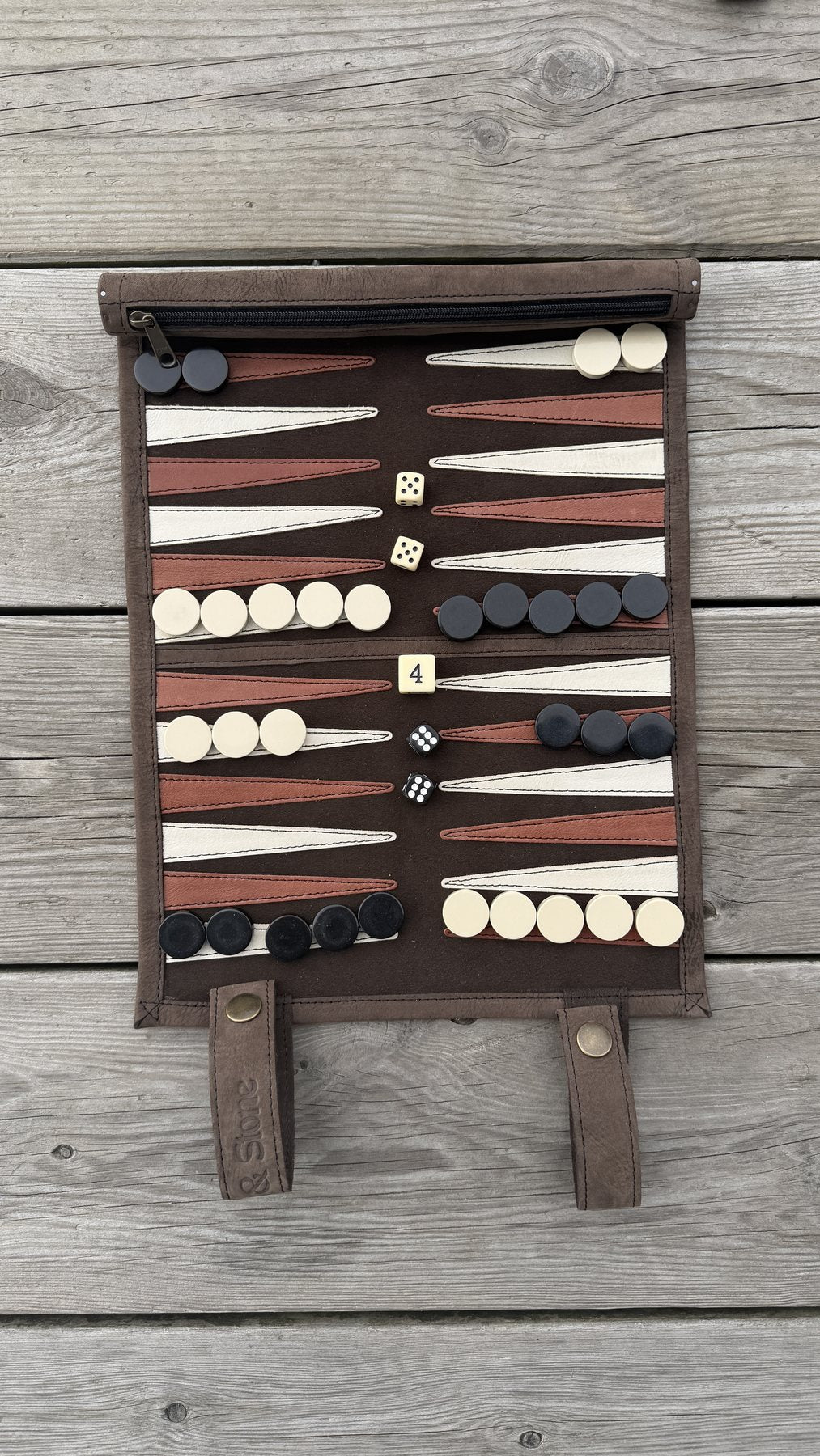 Chocolate Brown roll-up suede backgammon set by Suede&Stone