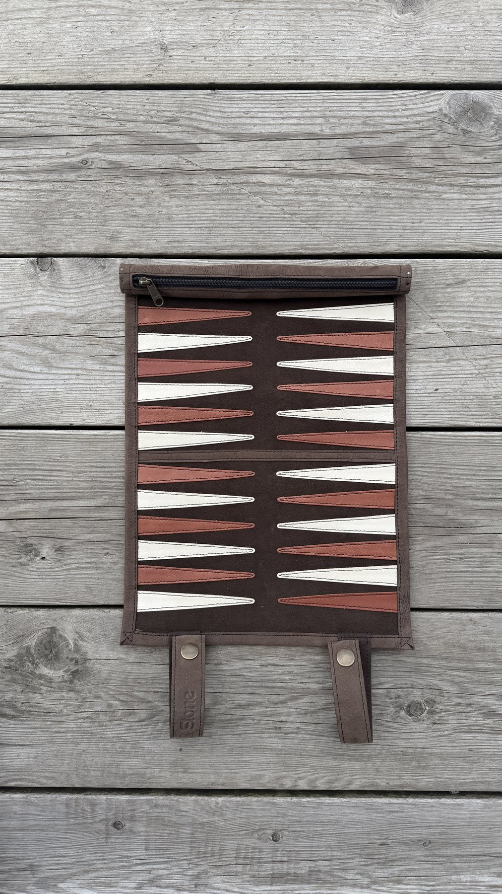 Chocolate Brown suede backgammon board with wooden checkers and dice
