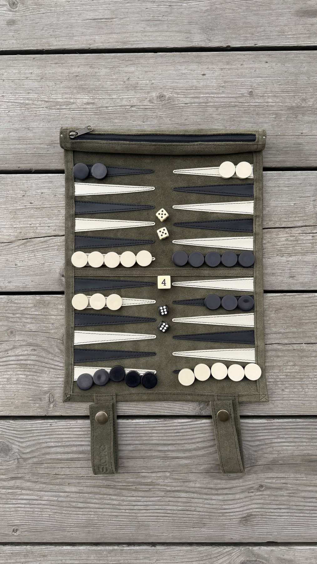 Olive Green roll-up suede backgammon set by Suede&Stone