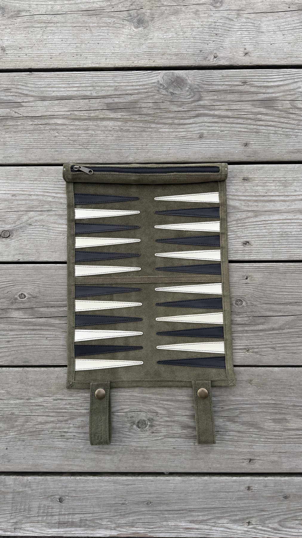 Olive Green suede backgammon board with wooden checkers and dice